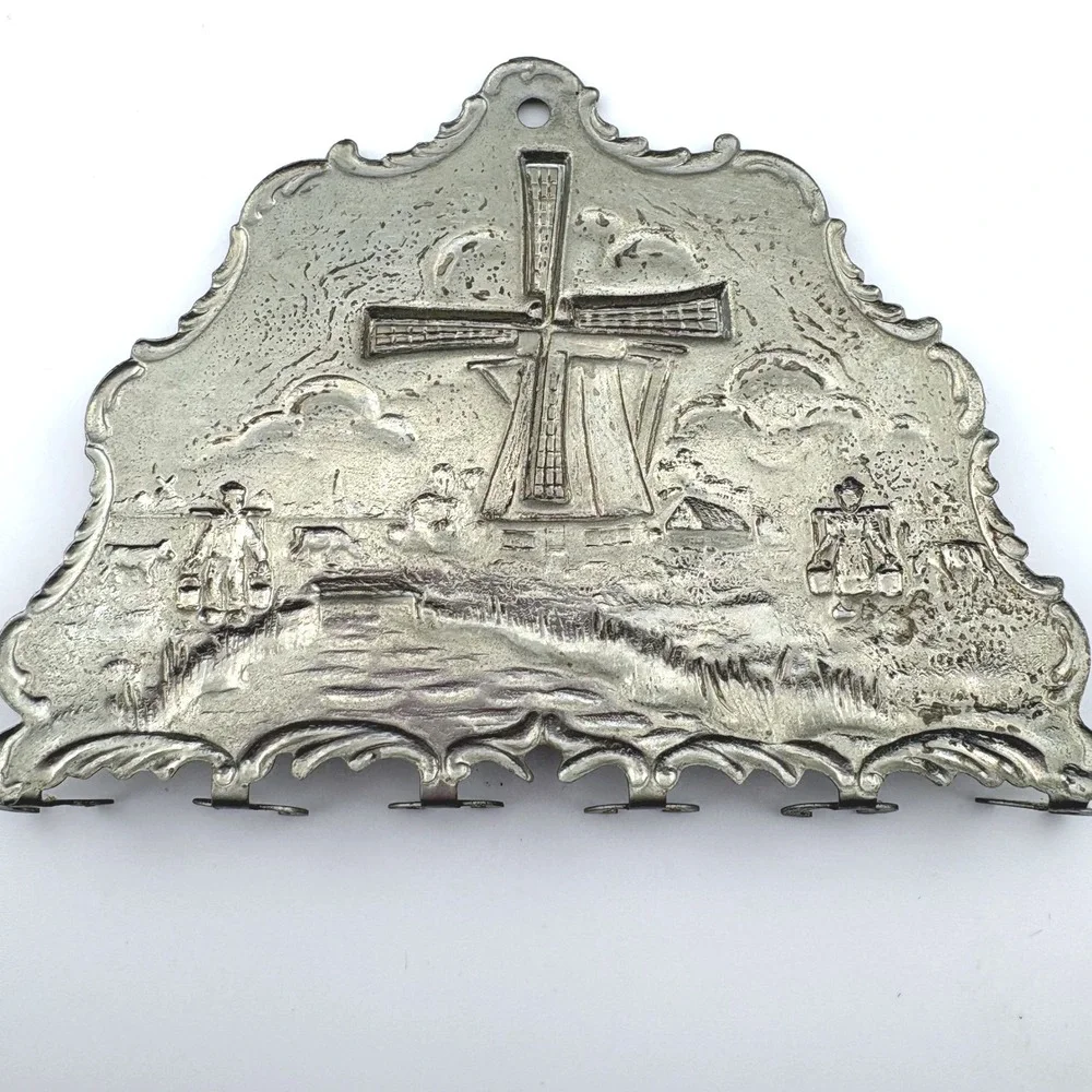 Vintage Dutch Windmill Metal Wall Key Rack 6 Hook Repousse Pewter Tone Folk Art